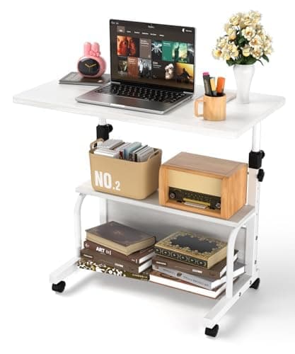 QZMDSM Portable Desk with Wheels Small Standing Desk on Wheels Adjustable Height Rolling Desks for Small Spaces, 32" Computer Desks with Storage Shelves for Home Office Study White