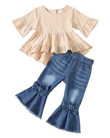 Kucnuzki Baby Girl Clothes 1 Year Old Girl Outfits Toddler Short Sleeve Cotton Shirt Flared Jeans Pants Denim Summer Outfits 12-18 Months Girl Clothes - Image 1