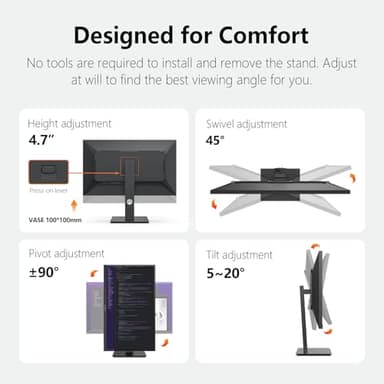 INNOCN 27" 2K 1440P QHD Monitor 100Hz IPS PC Computer Monitor for Mac Laptop, 65W USB C, HDMI, DP, Built-in Speaker, Eyes Care, Height/Pivot Adjustable, VESA Mountable - Black, 27D1Q - Image 6