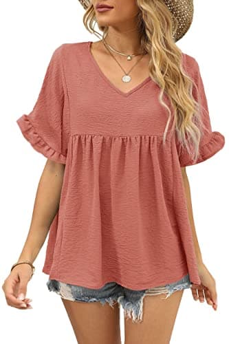 WIHOLL Womens T Shirts Loose Fit V Neck Ruffle Oversized Peplum Tops Pink XL - Image 2