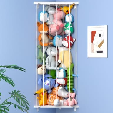 Stuffed Animal Storage Toy Organizer(Patented) - Corner Stuffed Animal Holder Length Adjustable - Wall Hanging Stuffed Animal Net Plush Storage for Nursery Playroom Bedroom Kids Room Decor(White) - Image 1