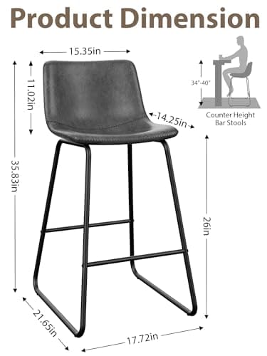 Aowos Bar Stools Set of 3, 26 Inches Counter Height Bar Stools with Back, Modern Faux Leather Barstools with Metal Legs and Footrest, Bar Chairs for Kitchens Island (Gray) - Image 2