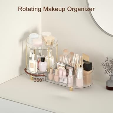 Makeup Organizer Countertop for Vanity, Rotating Perfume Tray with 5-compartment Cosmetic and Skincare Organizers, Multi-Purpose Desk Storage Makeup Brush Holder for Bathroom Bedroom Counter - Image 2