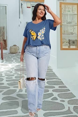 JOELLYUS Plus Size Tops for Women Summer Top V Neck T Shirts Loose Fit Basic Tees Short Sleeve Blouse(Grey Blue Butterfly,2XL) - Image 6