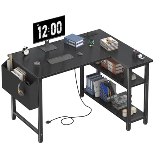 DLisiting Black L Shaped Desk with Shelves Power Outlet, 40 Inch Small Corner Computer Gaming Desk for Small Space Home Office, Study Work PC Desks for Bedroom, Black - Image 1