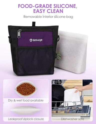 Gobeigo Dog Treat Pouch with Silicone Snack Bag, Front Pocket fits All Phones, 4 Cup Treat Bag with Training Clicker, Upgrade Stronger Magnetic Closure, 3 Ways to Wear Walking Fanny Pack (Purple) - Image 2
