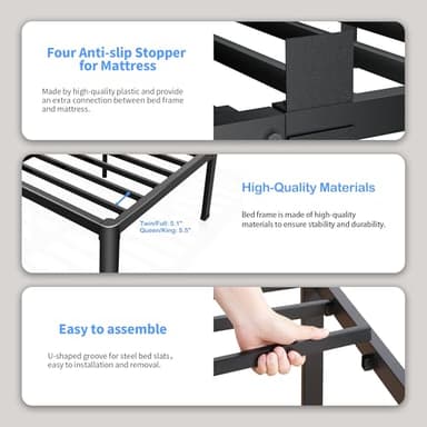 ROIL 18 Inch Queen Bed Frame with Rounded Corner and Headboard Hole Mattress Retainers 3500LBS Metal Heavy Duty Steel Slats No Box Spring Needed Platform Noise-Free Easy Assembly - Image 4