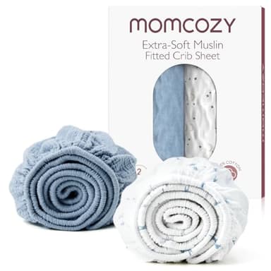 Momcozy Muslin Fitted Mini Crib Sheets, 38''x26'', 2 Pack Soft Breathable Natural Cotton Baby Mattress Sheet, 360° Mattress Wrapping No Slip Boys Girls Neutral Toddler Bed Sheet, Blue Star Moon - Image 1