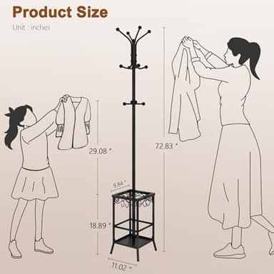 Hoctieon Coat Rack Freestanding, Coat Tree with Umbrella Holder, Metal Coat Rack Stand with 12 Hooks, Standing Coat Hanger Stand, Umbrella Stand for Entryway, Hat Rack Stand for Home Office, Black - Image 10