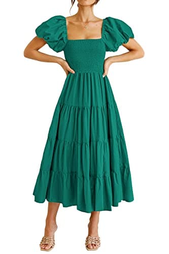 PRETTYGARDEN Women's Casual Summer Midi Dress Puffy Short Sleeve Square Neck Smocked Tiered Ruffle Dresses (Dark Green,Small) - Image 1