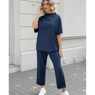 SeeLuNa Women's Two Piece Outfits 3/4 Batwing Sleeve Capelet Crew Neck Pullover Top Wide Leg Pants Lounge Set(Navy, L) - Image 5