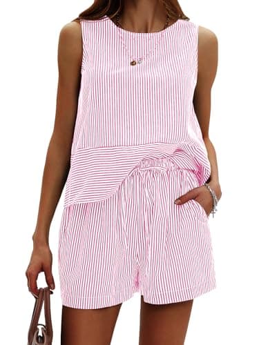 EXLURA Women's Summer 2 Piece Outfits Sleeveless Tank Top Matching Shorts Sets Cotton Striped Sweatsuits Vacation Beach 2025 - Image 1