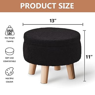 Wimarsbon Storage Ottoman, Modern Round Footrest with Soft Padded Seat, Teddy Velvet Footstool with Wood Legs, Accent Small Table or Plant Stand for Hallway, Living Room (Black) - Image 3