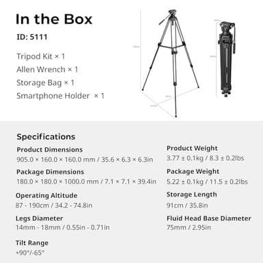 SmallRig Heavy-Duty Carbon Fiber Tripod with FreeSpeed One-Step Height Adjust, 75" Tall, Fluid Head, Dual-Mode QR Plate for DJI/MFT, Load up to 17lbs, Professional Video Tripod for Camera AD-80S - Image 2