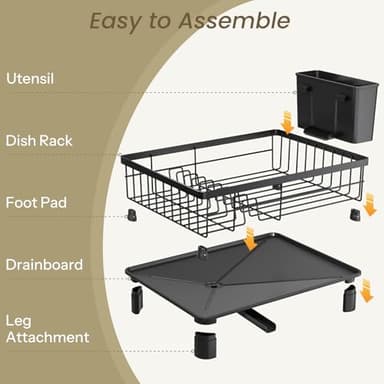 Dish Drying Rack - Small Dish Rack for Kitchen Counter, Stainless Steel Dish Drainer with Utensil Holder and Drainboard (Black) - Image 6