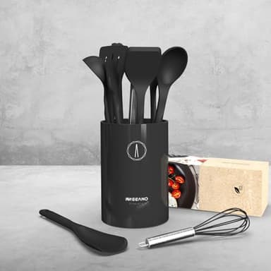 Silicone Cooking Utensils Set - 600°F Heat Resistant, Nonstick Kitchen Utensil Set with Spatulas, Spoons, Whisk, Tongs, BPA Free, Dishwasher Safe, Black - Image 5