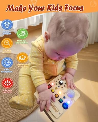 RCPLAGA Busy Board Montessori Toy for Toddler, Wooden Sensory Activity Board with LED Light UP Switch, Baby Fidget Board Travel Toys for 18+ Months, 1 2 3 Year Old Boys Girls Toddler Toys Gifts - Image 2