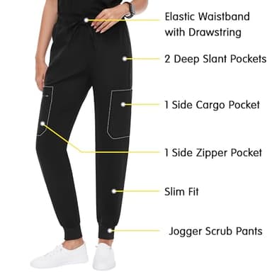 fitglam Women's Scrub Pants with 6 Pockets, Medical Slim Fit Cargo Joggers for Women, S-3XL Black - Image 2