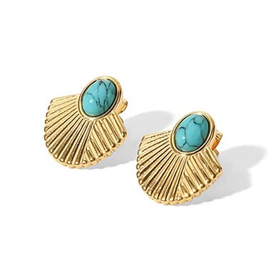 IUITY Gold Fan Shape Earrings Studs 14K Gold Plated Turquoise Studs Earrings Hypoallergenic Fashion Lightweight Jewelry for Women Mom Wife - Image 1