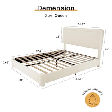 Queen Size Boucle Bed Frame, Modern Cream Bed Frame with Headboard, Soft Rounded Corners, No Box Spring Required, Adjustable Headboard, Easy Assembly - Image 2
