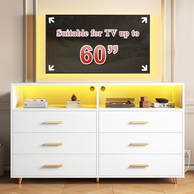 EnHomee White Dresser with LED Lights, 6 Drawers & 2 Open Shelves Top Dresser for Bedroom, Wood Chests of Drawers - Image 5