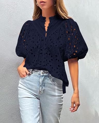 PRETTYGARDEN Women's Summer Tops 2025 Dressy Casual Short Sleeve V Neck Buttons Hollow Out Lace Embroidered Blouses Shirts (Navy,Large) - Image 4