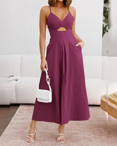 BTFBM Women 2025 Summer Spaghetti Strap Midi Dress Sleeveless V Neck Cutout Slit Casual Beach Party Maxi Dresses Pockets(Purple, Large) - Image 7