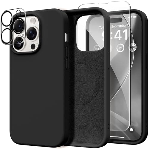 GONEZ for iPhone 14 Pro Case, Compatible with Magsafe, with Screen Protector + Camera Lens Protector, Soft Anti-Scratch Microfiber Lining, Shockproof Liquid Silicone Phone Cover, Black - Image 1
