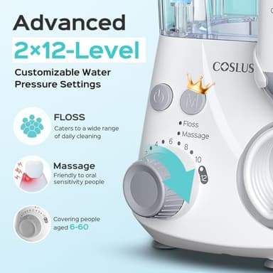 COSLUS Professional Water Flosser for Teeth: 2 Modes & 12 Pressure Settings Electric Dental Pick for Orthodontic, Braces, Sensitive Gums - Home Use, ​​5 Jet Tips for Multiple Users, Family, White, E2 - Image 4