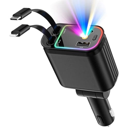 4 in 1 Retractable Car Chargers with Starlight, 66W USB C Fast Car Charger Adapter with 2 USB Ports for All iPhone 15/14/13/12/11 and for All Android (Black - RedLight) - Image 1