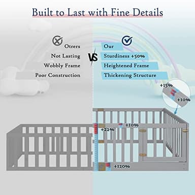 Tatub Twin Montessori Floor Bed with High Rails, Solid Wood Montessori Bed Frame for Kids, Door Can Install Left and Right, Twin-Grey - Image 8