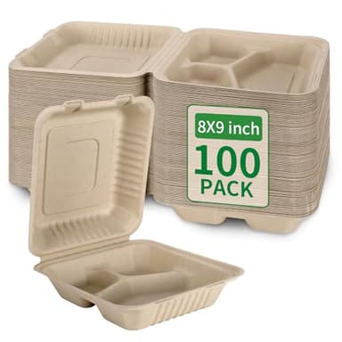 Aricsen 100 Pack 3 Compartment Compostable 8x9 Inch Takeout Lunch Box Containers with Lid To Go Take Out Clamshell for Food, Disposable Eco-Friendly Biodegradable Bagasse, PFAS-Free, Brown - Image 1