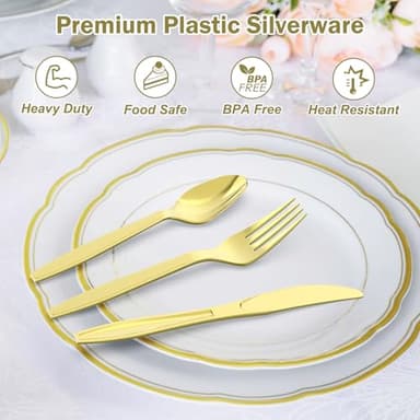 Dealusy 300 Count Extra Heavy Duty Gold Plastic Silverware, 100 Forks, 100 Spoons, 100 Knives, BPA-Free, Heat Resistant, Disposable Plastic Utensils Set, Plastic Cutlery Set, Plasticware Bulk - Image 3