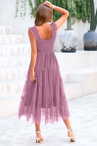 PRETTYGARDEN Women's Summer Midi Tulle Dress Sleeveless Smocked Square Neck Ruffle Flowy Party Wedding Guest Sundress (Grey Purple,Large) - Image 2