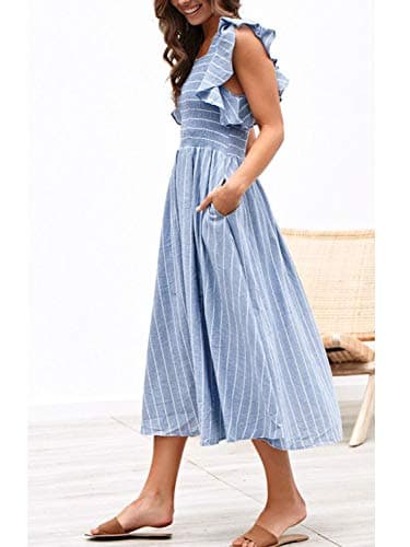 Miessial Womens Summer Dress 2025 Casual Short Sleeve Striped Linen Midi Dresses Boho Beach Wedding Guest Dress with Pockets Blue,S - Image 2