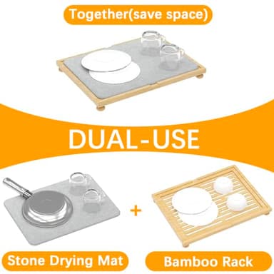 Golener Stone Drying Mat for Kitchen Counter, Dish Drying Pad with Bamboo Rack, Super Absorbent Diatomaceous Earth and Drying Rack, Multi-purpose Quick Drying Mat Rack for Kitchen, 16”x12”, Dark Grey - Image 7