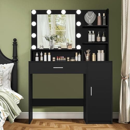 Quimoo Makeup Vanity Desk with Mirror & Lights, Vanity Desk with 5 Drawers & Storage Shelves, Vanity Table, 3 Color Modes & Adjustable Brightness Dressing Table, Bedroom, Black - Image 1