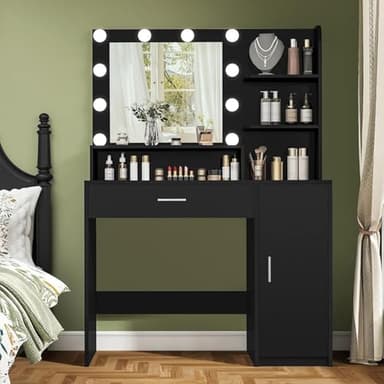 Quimoo Makeup Vanity Desk with Mirror & Lights, Vanity Desk with 5 Drawers & Storage Shelves, Vanity Table, 3 Color Modes & Adjustable Brightness Dressing Table, Bedroom, Black - Image 1