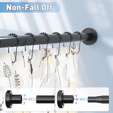 Shower Curtain Rod Adjustable 29-74 Inches, Spring Tension Shower Rod Stainless Steel 1 Inch Diameter Telescoping Curtain Rod for Bathroom, Windows Wardrobe, Non Slip, No Drilling, No Rust, Black - Image 6