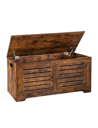 DINZI LVJ Storage Chest, 43.3” Wooden Toy Box with 2 Safety Hinges, Retro Entryway Shoe Storage Bench with Flip-Top, Sturdy Large Storage Trunk for Living Room, Bedroom, Easy Assembly, Rustic Brown - Image 1