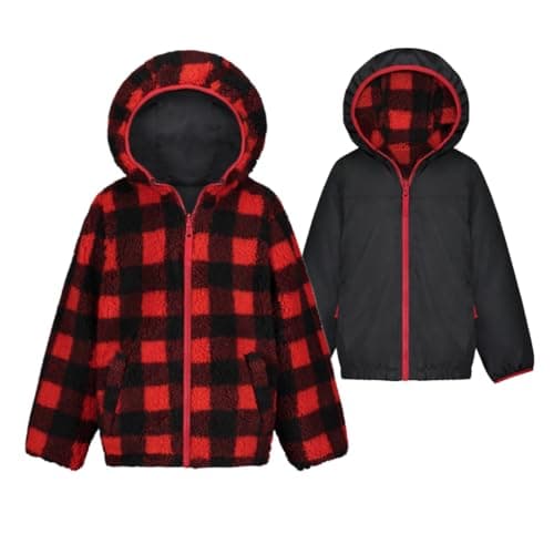 LONDON FOG Baby Boy's Midweight Fleece-to-Poly Reversible Hooded Jacket, Grey to Red Check - Image 1