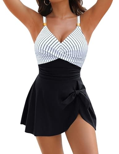 Blooming Jelly Womens One Piece Swimsuits Tummy Control Bathing Suits Long Torso Cute 2025 Swim Dress (L, Striped Black) - Image 1