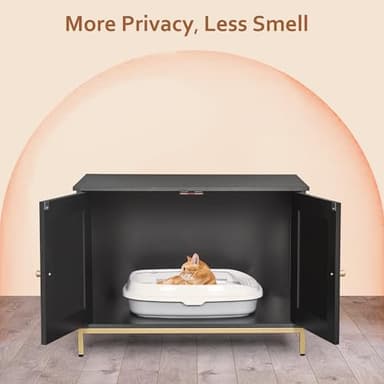 Homhedy Cat Litter Box Enclosure, Cat Washroom Furniture with Metal Frame, Pet House, Fit Most of Litter Box, Modern Style, Black and Gold - Image 2