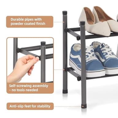 STORAGE MANIAC Expandable Shoe Rack, 8 Pairs Stackable Small Shoe Rack, Metal Adjustable Shoes Organizer for Closet, Entryway, Hallway, Garage, Front Door, Shoes Shelves, Black 2 Tier - Image 5