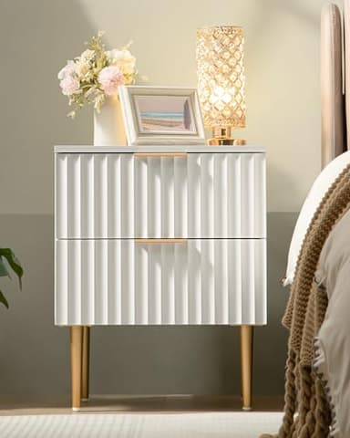 SICOTAS White Night Stand Set 2, Fluted Glossy Nightstand with 2 Drawers, Wide Modern Storage Bedside Table for Bedroom, End Side Table with Golden Metal Legs and Handles (White, 2 Pieces) - Image 3