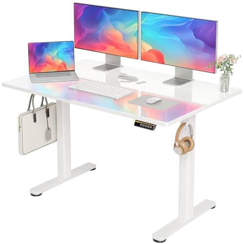 INNOVAR Glass Standing Desk, 48x24 Inch White Standing Desk Adjustable Height Electric Stand Up Quick Install for Computer Desks, Super White - Image 1