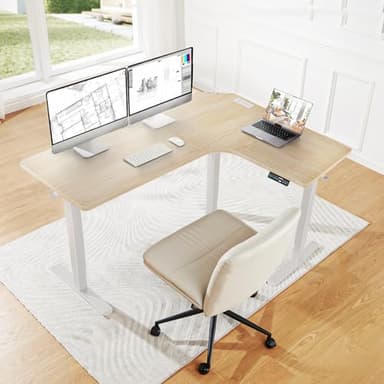 HUANUO 63″ Dual Motor L-Shaped Standing Desk, Built-in Power Outlets, Electric Height Adjustable Corner Computer Desk, Large Power Strip Holder, Sit Stand Up Desk with 3 Preset Heights, Natural Wood - Image 2