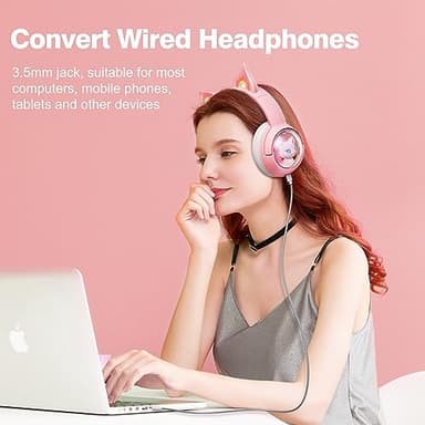 PHNIXGAM Cute Cat Bluetooth Headphones, Wireless & Wired Mode Headset with Mic, RGB LED Light, for Girls Women School Gaming, Compatible with Mobile Phones Tablet (A Pink) - Image 6