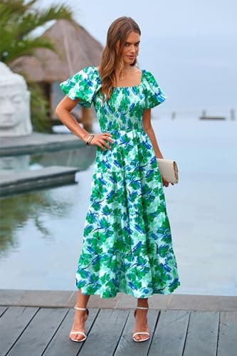 PRETTYGARDEN Women's Casual Summer Midi Dress Puffy Short Sleeve Square Neck Smocked Tiered Ruffle Dresses (Floral Green,Large) - Image 4