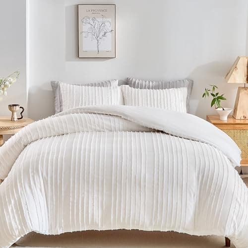 WARMDERN White Boho Duvet Cover Set, Striped Textured Tufted Bedding, Twin Size Washed Microfiber Duvet with Zipper Closure & Corner Ties - Image 1
